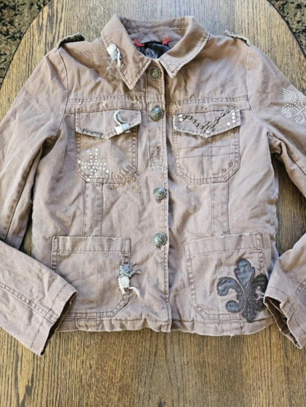 Miss Me Women's Distressed Taupe Bomber Jacket with Stud Accents